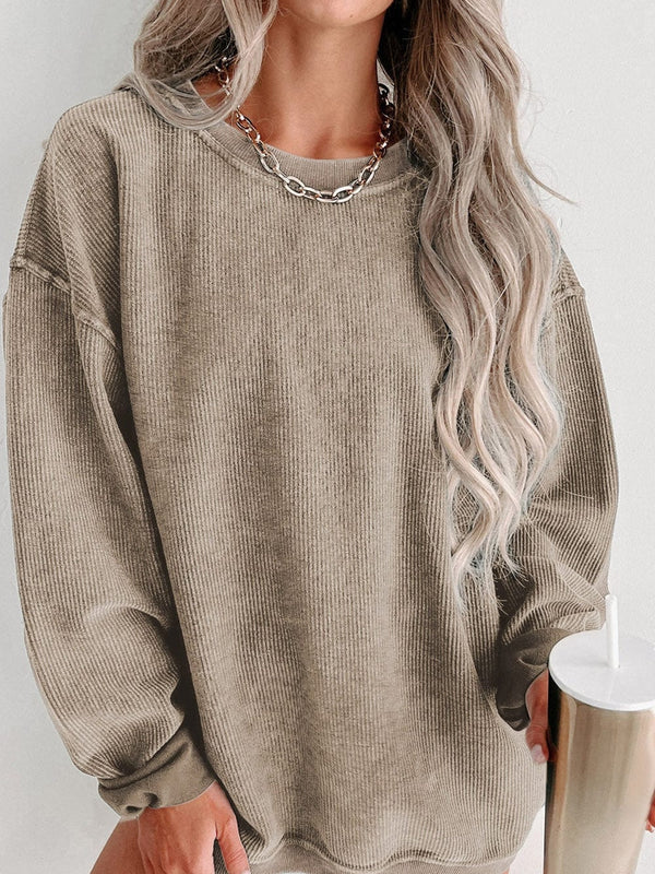 Cozy Khaki Ribbed Knit Pullover Sweatshirt with Round Neck