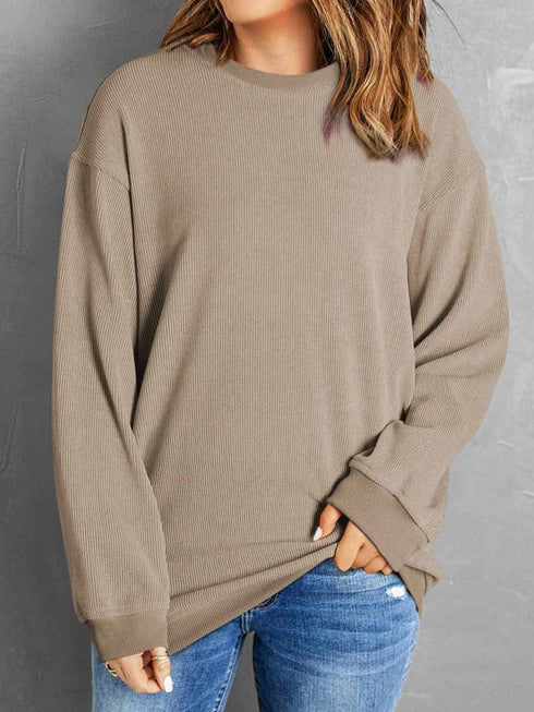 Cozy Khaki Ribbed Knit Pullover Sweatshirt with Round Neck