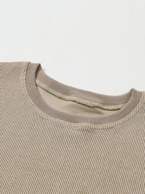 Cozy Khaki Ribbed Knit Pullover Sweatshirt with Round Neck