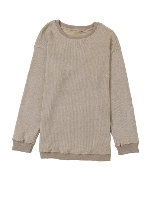Cozy Khaki Ribbed Knit Pullover Sweatshirt with Round Neck
