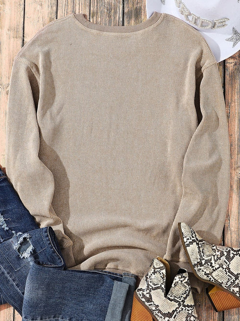 Cozy Khaki Ribbed Knit Pullover Sweatshirt with Round Neck