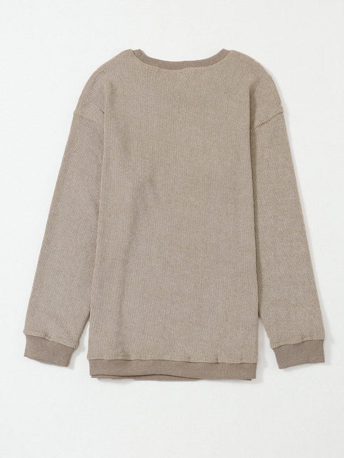 Cozy Khaki Ribbed Knit Pullover Sweatshirt with Round Neck