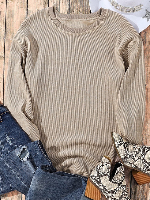 Cozy Khaki Ribbed Knit Pullover Sweatshirt with Round Neck