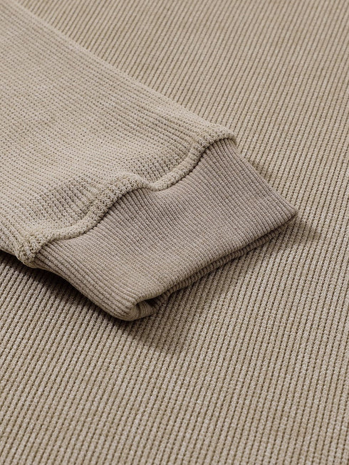 Cozy Khaki Ribbed Knit Pullover Sweatshirt with Round Neck