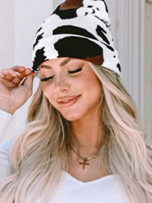 Cozy Knit Cow Print Beanie for Winter Chic