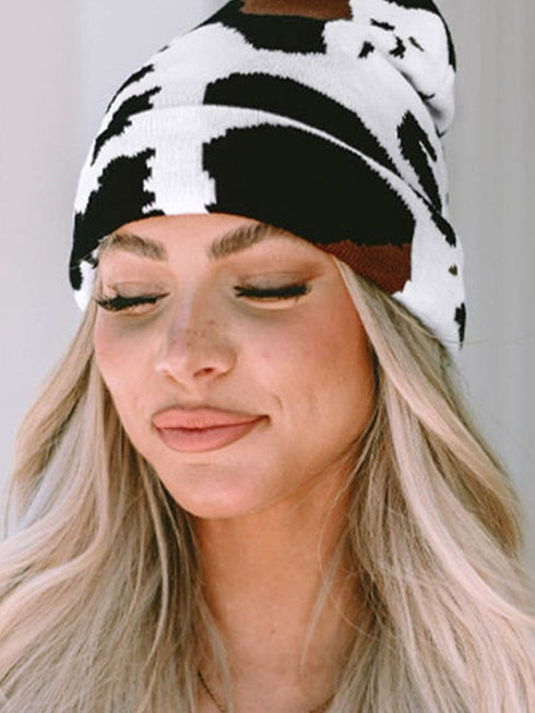 Cozy Knit Cow Print Beanie for Winter Chic