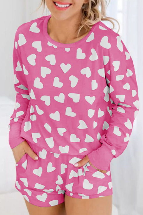 Cozy Pink Heart Print Lounge Set for Romantic Nights