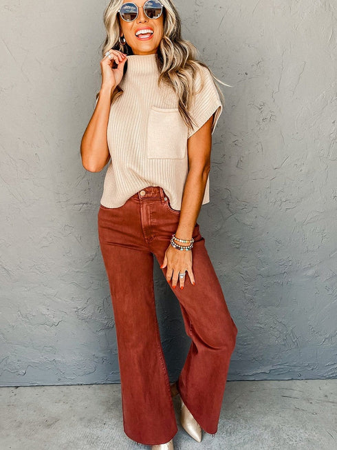 Cozy Ribbed Knit Sweater with Patch Pocket