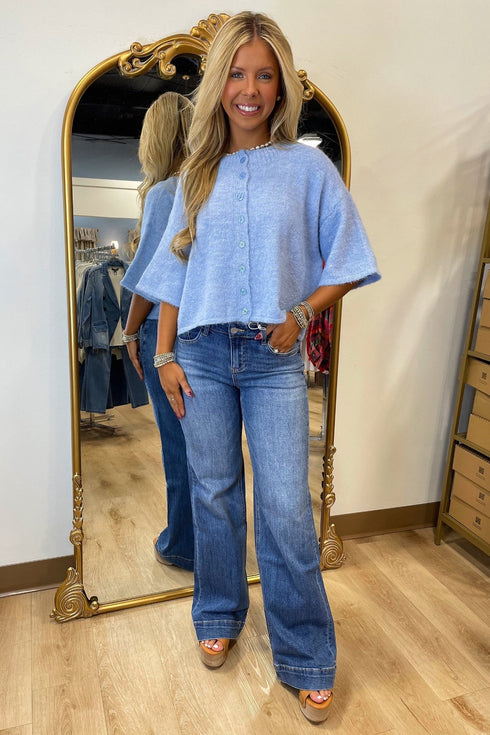 Beau Blue 3/4 Sleeve Boxy Knit Button Down Sweater Cardigan