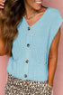 Mist Blue Solid Color Knit V Neck Button Front Sweater Vest