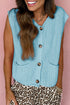 Mist Blue Solid Color Knit V Neck Button Front Sweater Vest