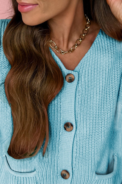 Mist Blue Solid Color Knit V Neck Button Front Sweater Vest