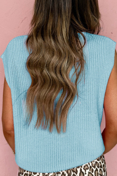 Mist Blue Solid Color Knit V Neck Button Front Sweater Vest