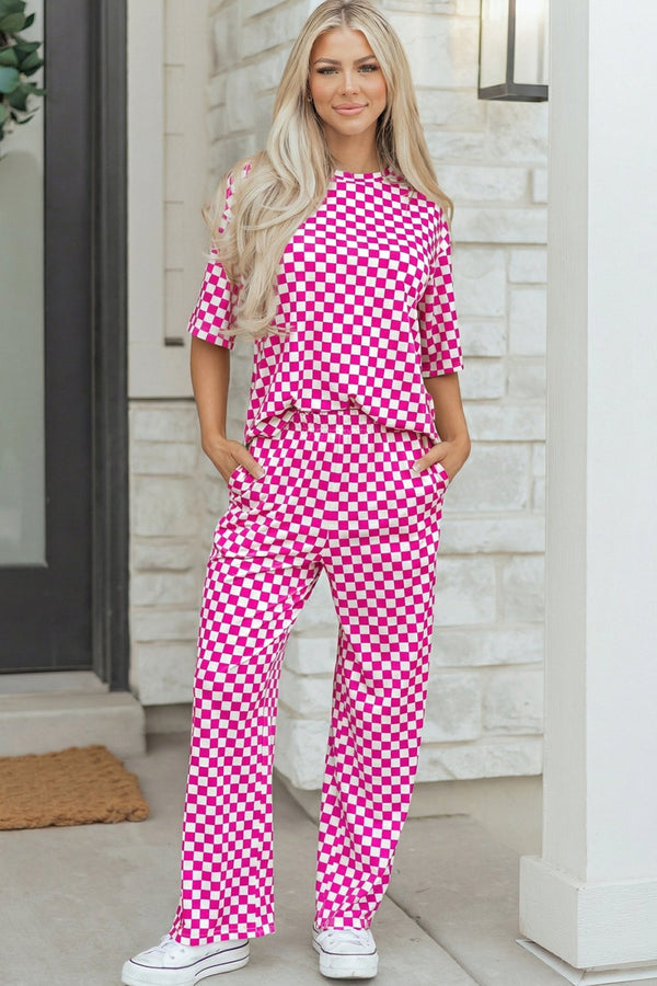 women's cozy women's rose checkered half sleeve tee and lounge pants set - stylish casual two-piece outfit for ultimate comfort with practical styling