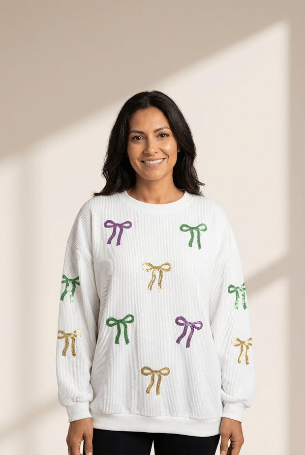 Women's Cozy Women's White 3D Ribbed Sequin Sweatshirt with Bow Detail - Festive Baggy Fit for Mardi Gras Celebrations
