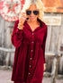 Crimson Long Sleeve Crinkle Velvet Shirt Dress with Ruffle Detail
