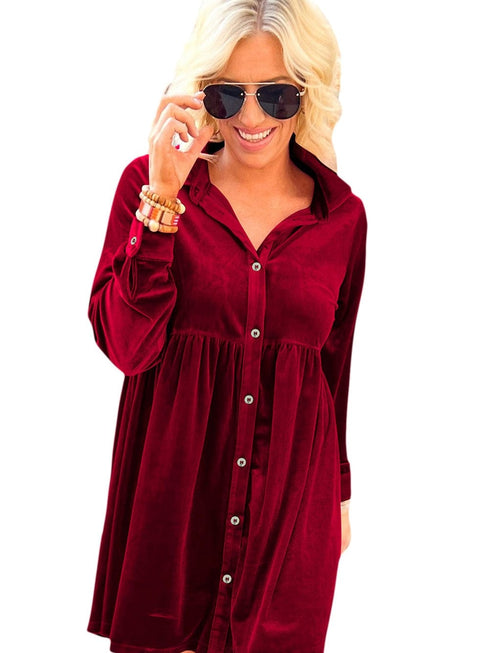 Crimson Long Sleeve Crinkle Velvet Shirt Dress with Ruffle Detail
