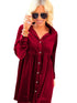 Crimson Long Sleeve Crinkle Velvet Shirt Dress with Ruffle Detail