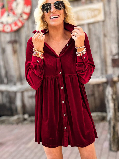 Crimson Long Sleeve Crinkle Velvet Shirt Dress with Ruffle Detail
