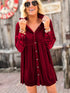 Crimson Long Sleeve Crinkle Velvet Shirt Dress with Ruffle Detail