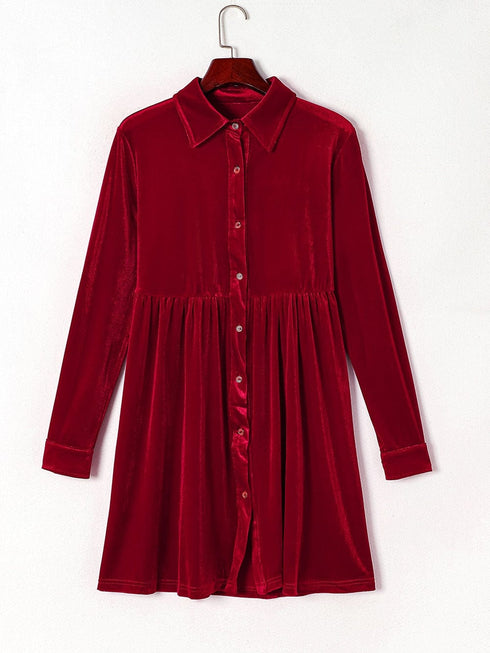 Crimson Long Sleeve Crinkle Velvet Shirt Dress with Ruffle Detail