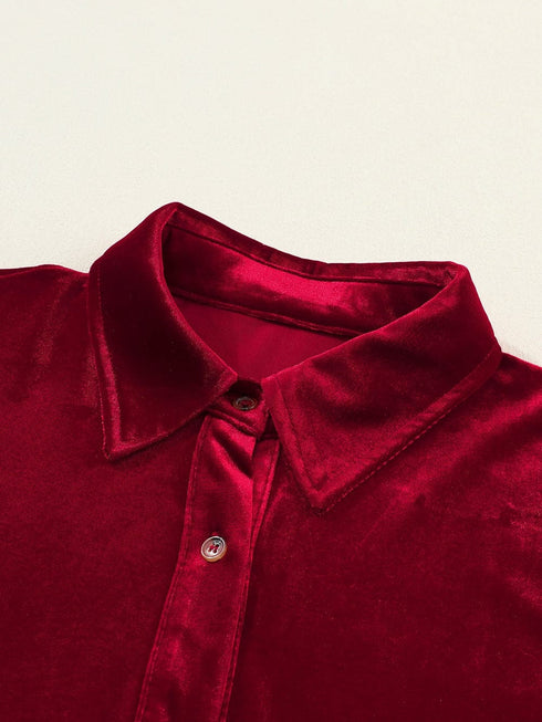 Crimson Long Sleeve Crinkle Velvet Shirt Dress with Ruffle Detail