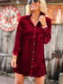 Crimson Long Sleeve Crinkle Velvet Shirt Dress with Ruffle Detail