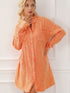 Crinkled Orange Oversized Shirt Dress with Dual Pockets