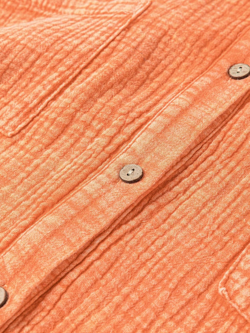 Crinkled Orange Oversized Shirt Dress with Dual Pockets