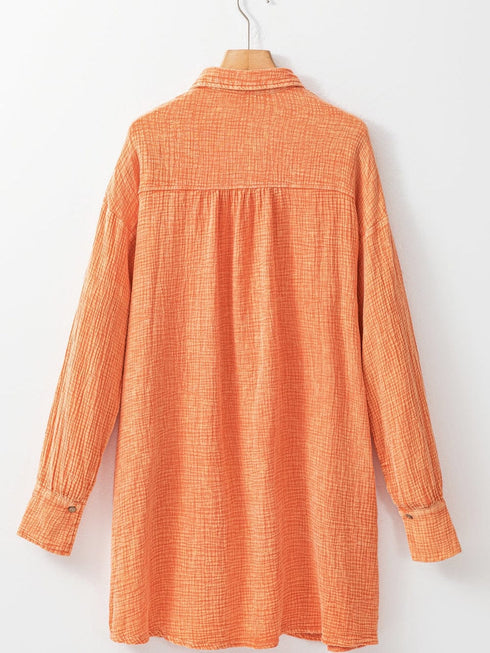 Crinkled Orange Oversized Shirt Dress with Dual Pockets