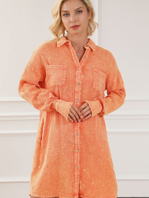 Crinkled Orange Oversized Shirt Dress with Dual Pockets