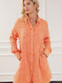 Crinkled Orange Oversized Shirt Dress with Dual Pockets