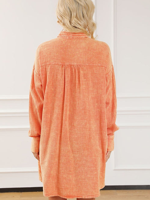 Crinkled Orange Oversized Shirt Dress with Dual Pockets