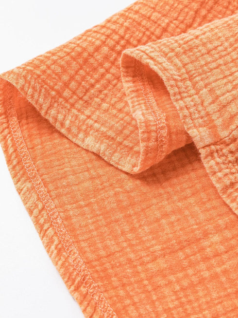 Crinkled Orange Oversized Shirt Dress with Dual Pockets