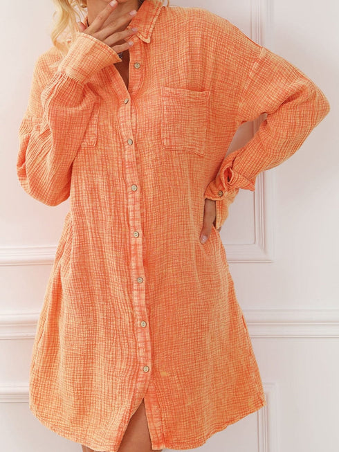 Crinkled Orange Oversized Shirt Dress with Dual Pockets