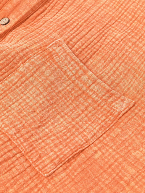 Crinkled Orange Oversized Shirt Dress with Dual Pockets
