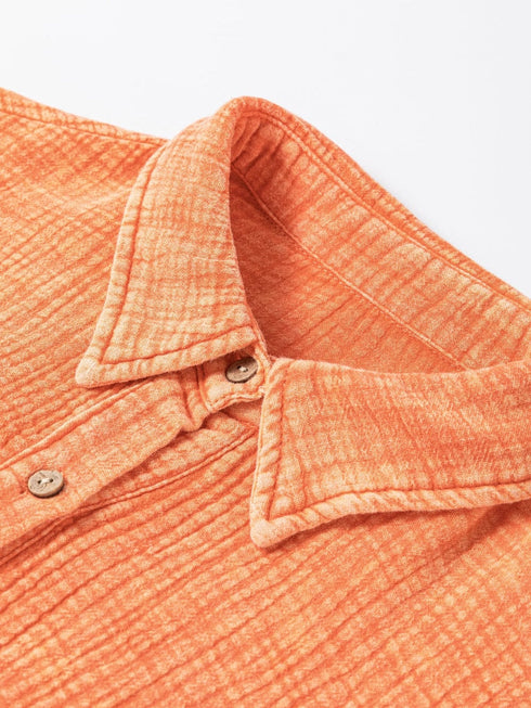 Crinkled Orange Oversized Shirt Dress with Dual Pockets