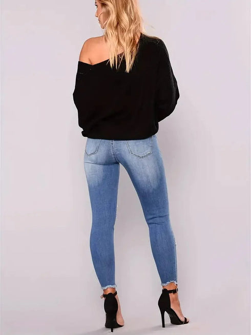 Curvy High Waist Ripped Raw Hem Cropped Skinny Denim Jeans