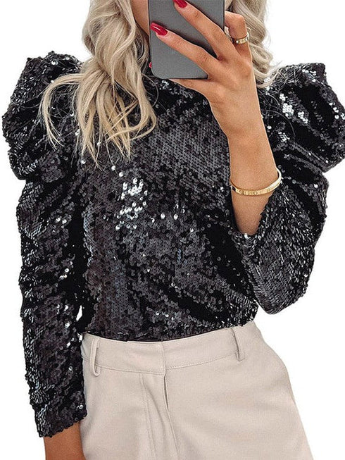 Customized Sequin Embellished Women's Puff Sleeve Performance Top for Parties