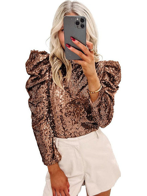 Customized Sequin Embellished Women's Puff Sleeve Performance Top for Parties