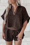 Brown V Neck Collar Leopard Printed 2pcs Short Set