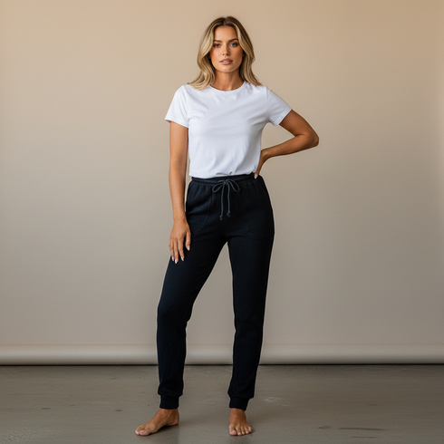 Women's Black Ribbed Drawstring Jogger Pants - Stylish Activewear for Comfort, Fit, and Performance