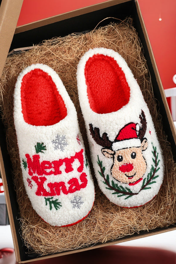 White Merry Xmas Asymmetric Pattern Plush House Slippers