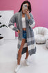 Gray Color Block Side Pockets Open Front Long Cardigan