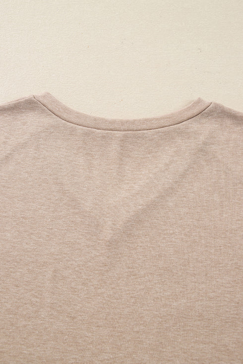 Oatmeal V Neck Contrast Lace Patchwork Long Sleeve Top