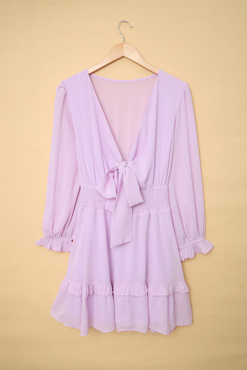 womens-dresses-printed-waist-strap-v-neck-long-sleeved-mini-dress