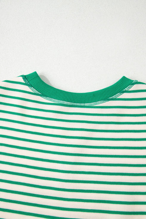Bright Green Contrast Detail Striped Ruffle Short Sleeve Top
