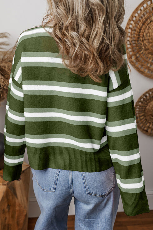 Green Stripe Drop Shoulder Buttons Cardigan Sweater