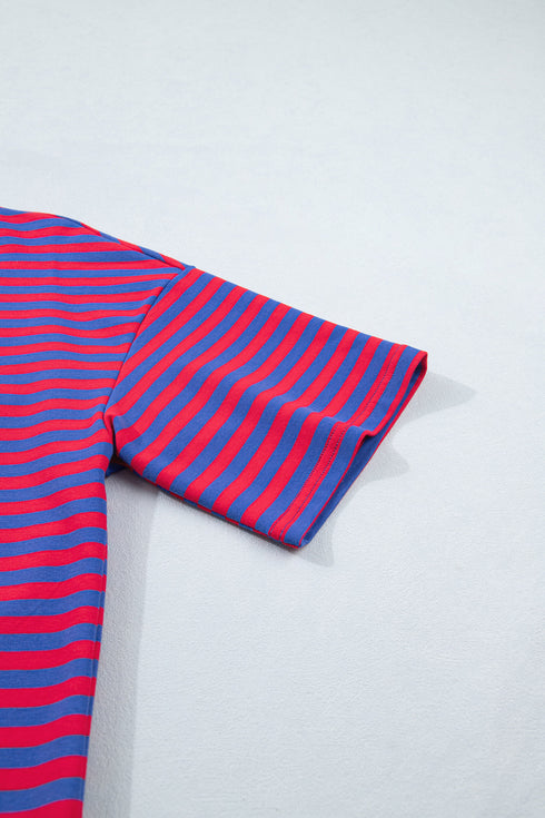 Navy Stripe Striped Ribbed Cotton Two-Piece Short Set with Chest Patch Detail