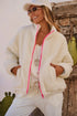 White Fuzzy Contrast Trim Full Zip Sherpa Jacket with Pockets